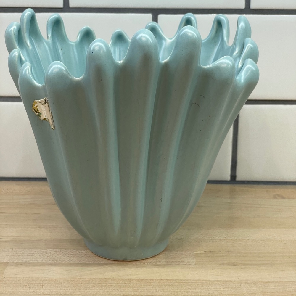 Vintage Mid Century Modern Light‎ Blue Splash Handkerchief Fluted Ceramic Vase - Picture 11 of 16